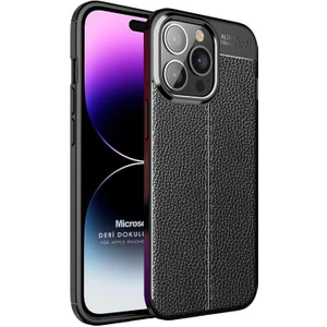 Apple iPhone 14 Pro Max Kılıf Deri Dokulu Silikon Siyah