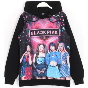 Blackpink Korean Pop Grup Dijital Baskı Kız Çocuk Siyah Renk Kapüşonlu Sweatshirt Hoodie
