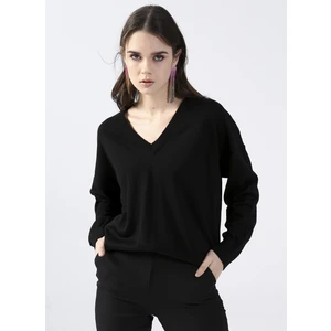 Siyah Kadın V Yaka Geniş Fit Düz Kazak POOLL