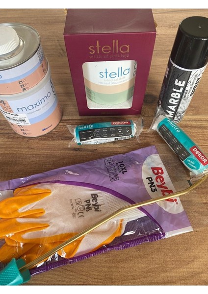 Stella Saf Akrilik Boya Mistik Beyaz 1 kg 1 Adet , Marble Effect Sprey Boya Siyah 1 Adet
