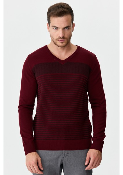 Erkek Çizgi Desenli Yün Kazak Bordo