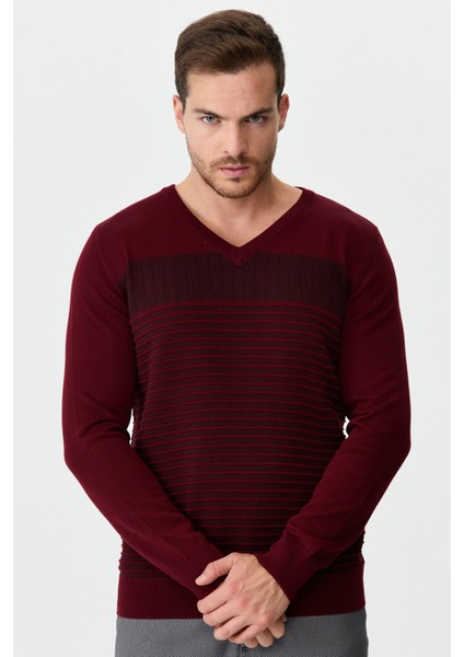 Erkek Çizgi Desenli Yün Kazak Bordo fiyatları