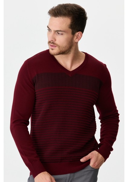 Erkek Çizgi Desenli Yün Kazak Bordo modelleri