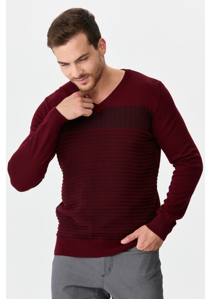 Erkek Çizgi Desenli Yün Kazak Bordo fırsatları