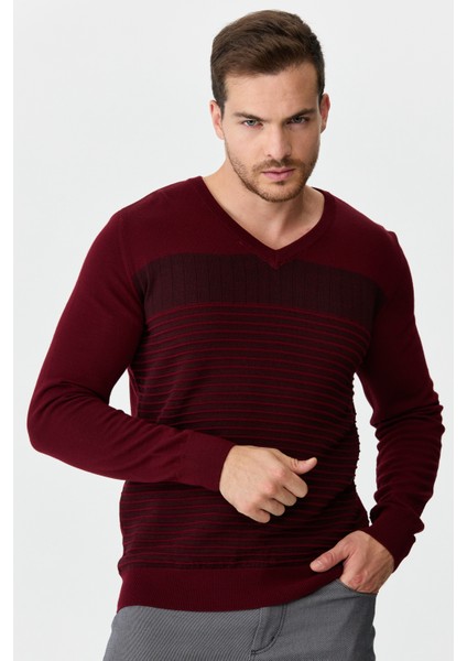 Erkek Çizgi Desenli Yün Kazak Bordo indirimleri