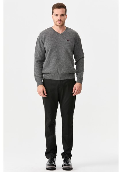 Erkek V Yaka Klasik Yün Kazak O.füme