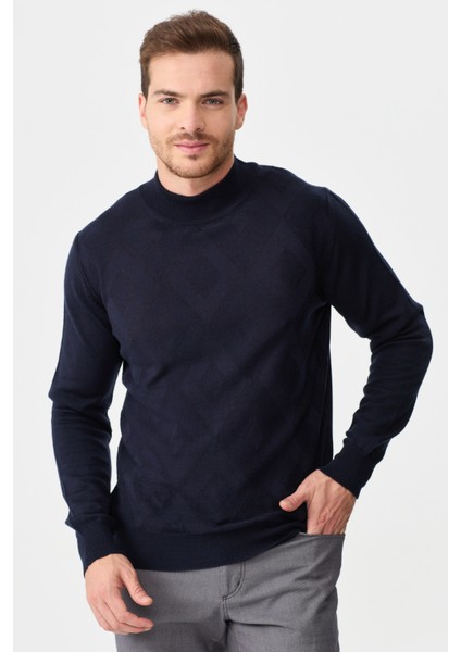 Erkek Yarım Balıkçı Yaka Baklava Desenli Yün Kazak K.lacivert