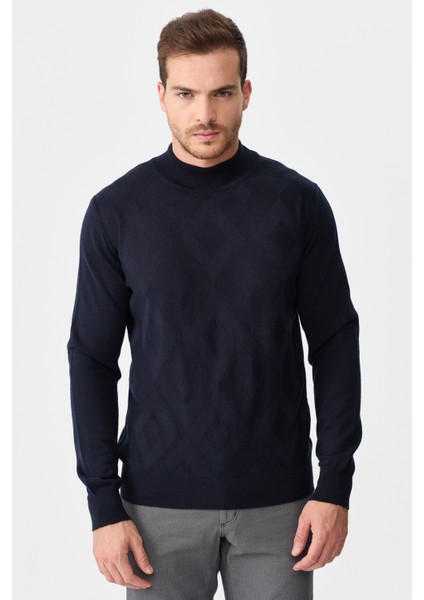 Erkek Yarım Balıkçı Yaka Baklava Desenli Yün Kazak K.lacivert modelleri