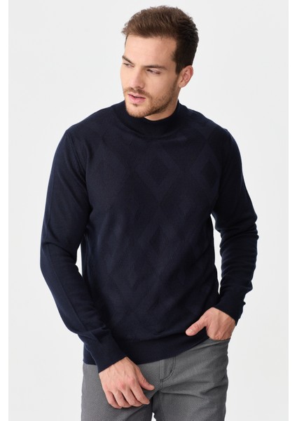 Erkek Yarım Balıkçı Yaka Baklava Desenli Yün Kazak K.lacivert fırsatları