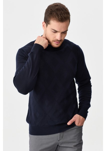 Erkek Yarım Balıkçı Yaka Baklava Desenli Yün Kazak K.lacivert indirimleri