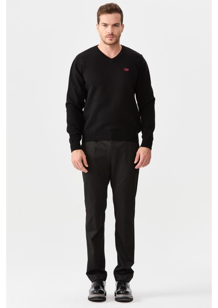 Erkek V Yaka Klasik Yün Kazak Siyah