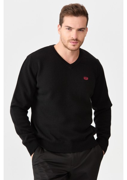 Erkek V Yaka Klasik Yün Kazak Siyah modelleri