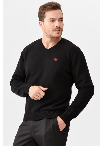 Erkek V Yaka Klasik Yün Kazak Siyah indirimleri
