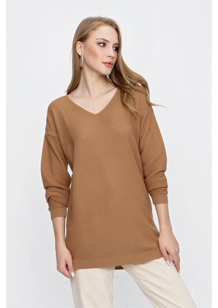 Tena Moda Kadın Kahve V Yaka Salaş Triko Kazak fiyatları