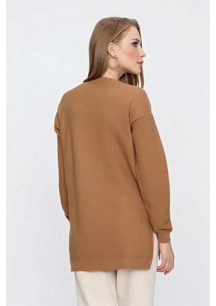 Tena Moda Kadın Kahve V Yaka Salaş Triko Kazak modelleri