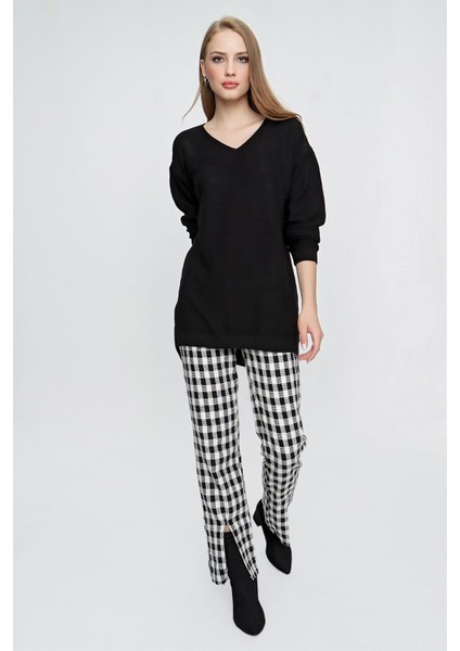 Tena Moda Kadın Siyah V Yaka Salaş Triko Kazak