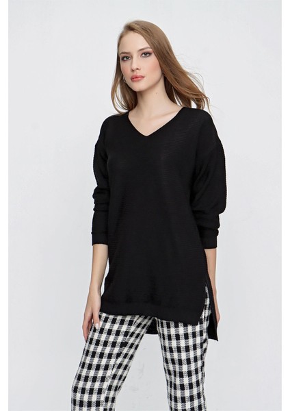 Tena Moda Kadın Siyah V Yaka Salaş Triko Kazak fiyatları