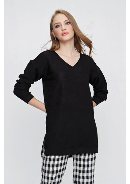 Tena Moda Kadın Siyah V Yaka Salaş Triko Kazak modelleri