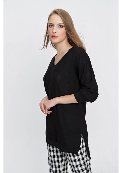 Tena Moda Kadın Siyah V Yaka Salaş Triko Kazak fırsatları