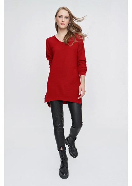 Tena Moda Kadın Kırmızı V Yaka Salaş Triko Kazak