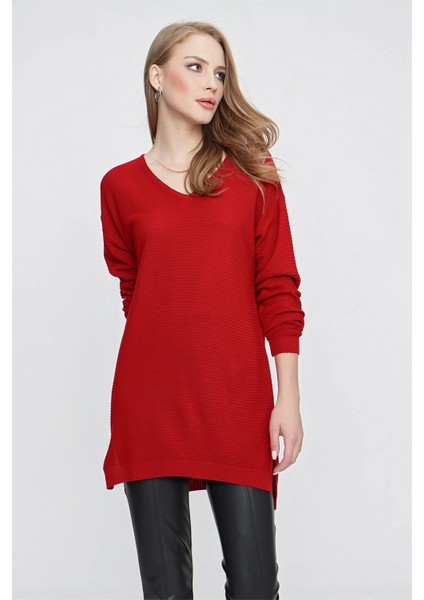 Tena Moda Kadın Kırmızı V Yaka Salaş Triko Kazak modelleri