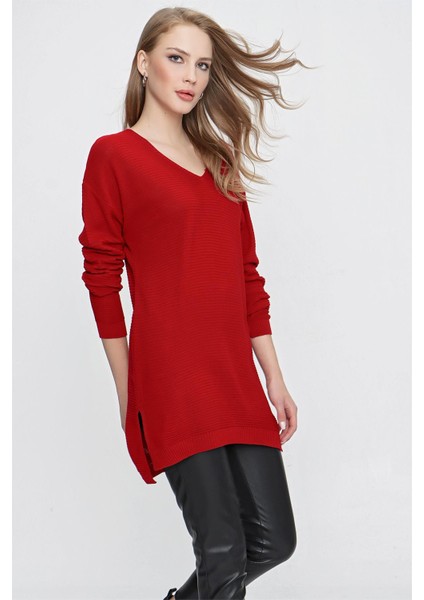 Tena Moda Kadın Kırmızı V Yaka Salaş Triko Kazak fırsatları
