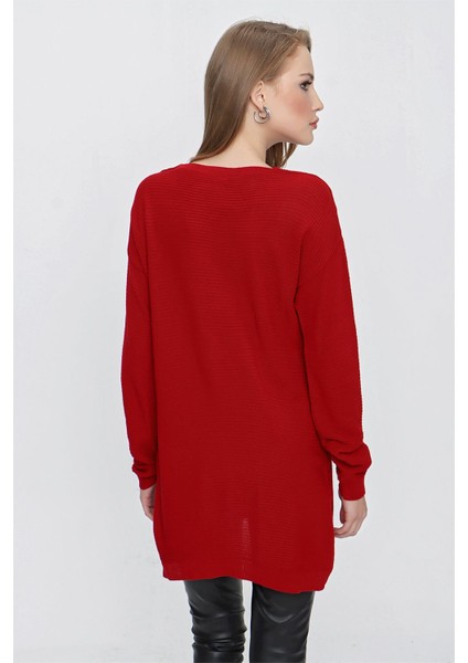 Tena Moda Kadın Kırmızı V Yaka Salaş Triko Kazak indirimleri