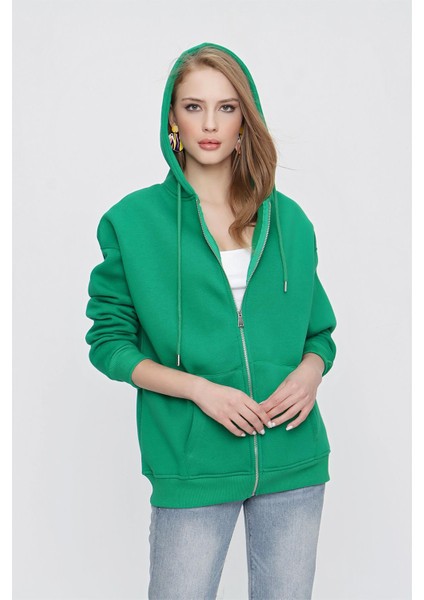 Tena Moda Kadın Benetton Yeşil Kapüşonlu Oversize Fermuarlı Sweatshirt fiyatları