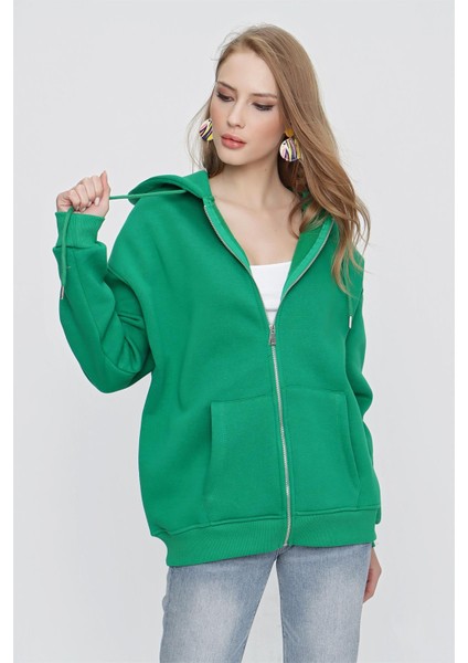 Tena Moda Kadın Benetton Yeşil Kapüşonlu Oversize Fermuarlı Sweatshirt modelleri