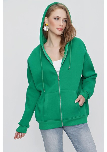 Tena Moda Kadın Benetton Yeşil Kapüşonlu Oversize Fermuarlı Sweatshirt