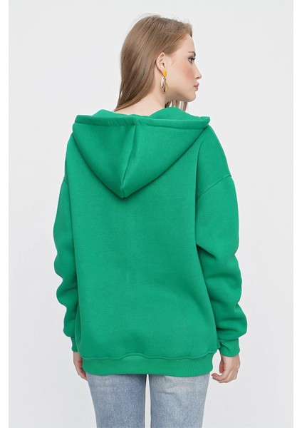 Tena Moda Kadın Benetton Yeşil Kapüşonlu Oversize Fermuarlı Sweatshirt