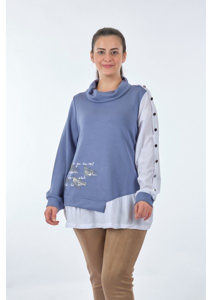 Boğazlı Büyük Beden Kol Detaylı Uzun Kollu Indigo Kadın Sweatshirt 22233314