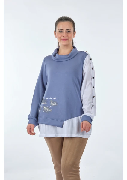 Boğazlı Büyük Beden Kol Detaylı Uzun Kollu Indigo Kadın Sweatshirt 22233314