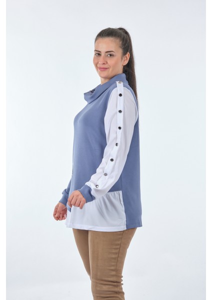 Boğazlı Büyük Beden Kol Detaylı Uzun Kollu Indigo Kadın Sweatshirt 22233314