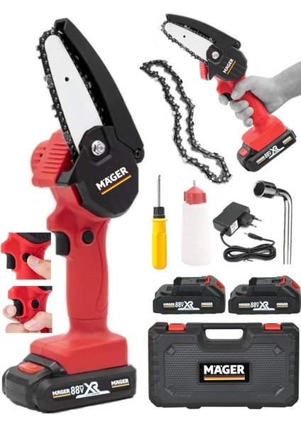 Alman 88 V 10 Ah Çift Akülü Çantalı Şarjlı Dal Ağaç Kesim Budama Bıçkı Makinası