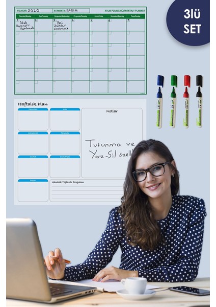 Tutunabilir Kağıt Aylık Planlayıcı - Haftalık Planlayıcı Takvim - 4 Lü Kalem Set Yazı Tahtası Akıllı Kağıt Tahta