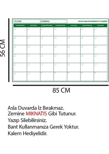 Tutunabilir Kağıt Aylık Planlayıcı - Haftalık Planlayıcı Takvim - 4 Lü Kalem Set Yazı Tahtası Akıllı Kağıt Tahta