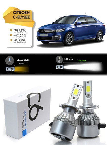 Citroen C-Elysee Uzun Far Kısa Far Sis Farı Şimşek Etkili LED Xenon