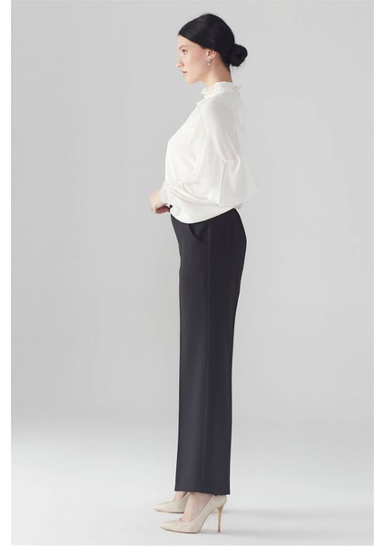 Bel Lastik Detaylı Bol Paça Siyah Pantolon P-0102 modelleri