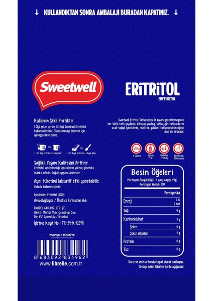 Sıfır Kalori Eritritol Toz Tatlandırıcı 3 x 400 gr