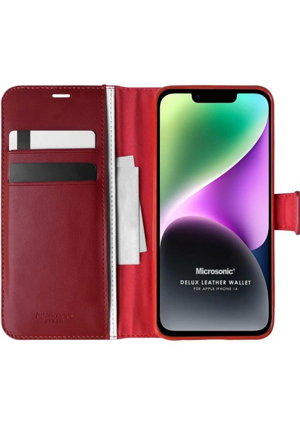 Apple iPhone 14 Kılıf Delux Leather Wallet Kırmızı