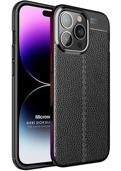 Apple iPhone 14 Pro Max Kılıf Deri Dokulu Silikon Siyah