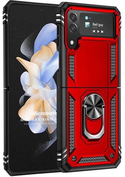 Samsung Galaxy Z Flip 4 Kılıf Military Ring Holder Kırmızı