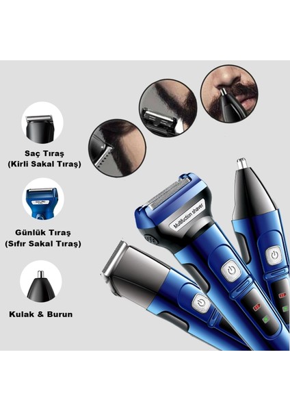 Blue 3in1 Tıraş Makinası Profesyonelleri Tercihi Erkek Bakım Seti Günlük Sakal Saç Traş Kulak Burun