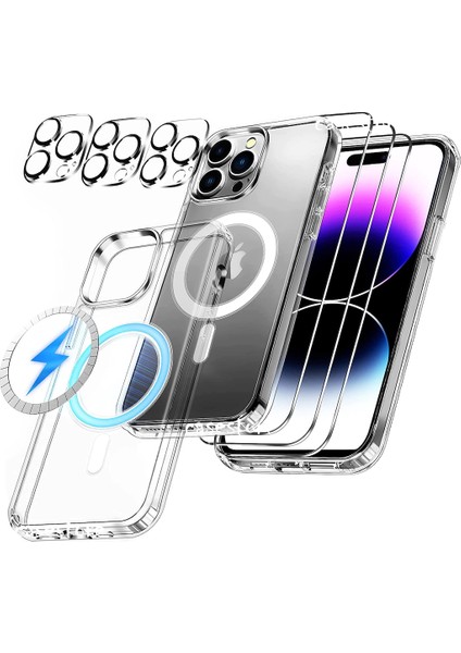 Iphone 14 Pro Manyetik Kılıf Magsafe Tutucu Ekran Koruyucu ve Lens Koruyucu 3'lü Set 3in1
