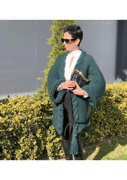 Yeşil Kadın Oversize Mont Salaş Ceket Uzun Chunky Cardigan Hırka