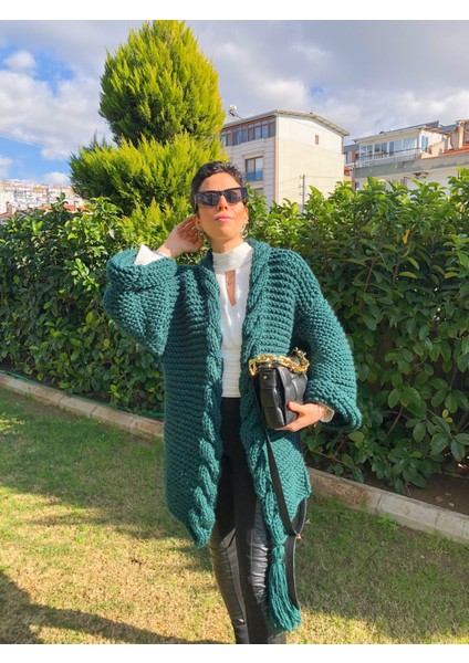 Yeşil Kadın Oversize Mont Salaş Ceket Uzun Chunky Cardigan Hırka fırsatları