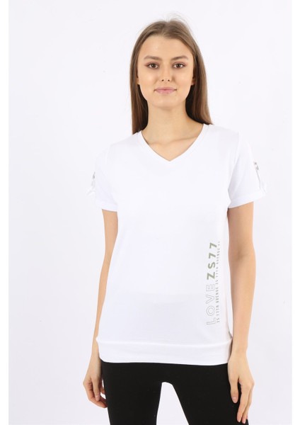 Baskılı Kısa Kollu V Yaka T-Shirt fırsatları