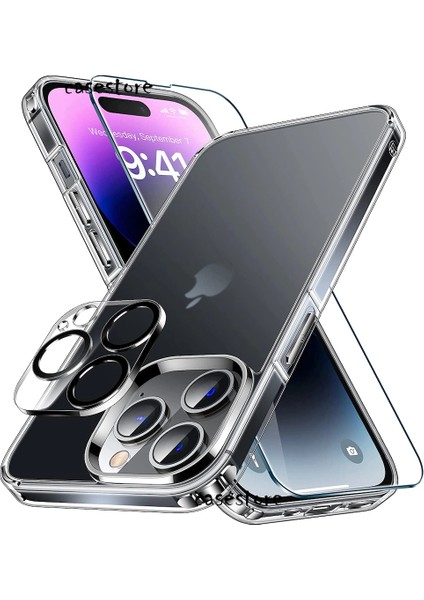 Apple Iphone 14 Pro Max Kılıf Şeffaf Ekran ve Lens Koruyucu Zırh 360 Derece Korumalı Set