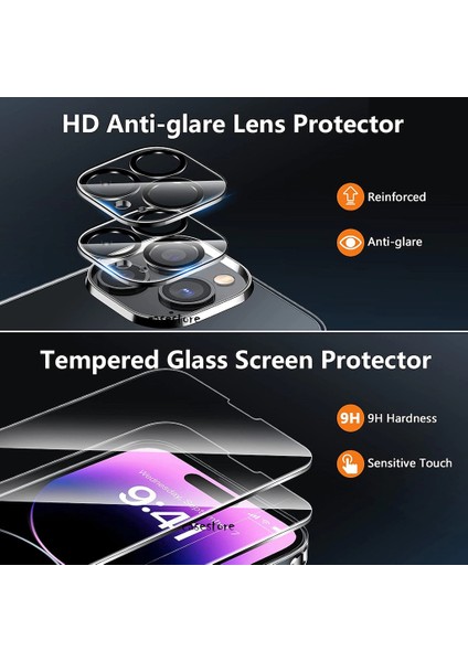 Apple Iphone 14 Pro Max Kılıf Şeffaf Ekran ve Lens Koruyucu Zırh 360 Derece Korumalı Set